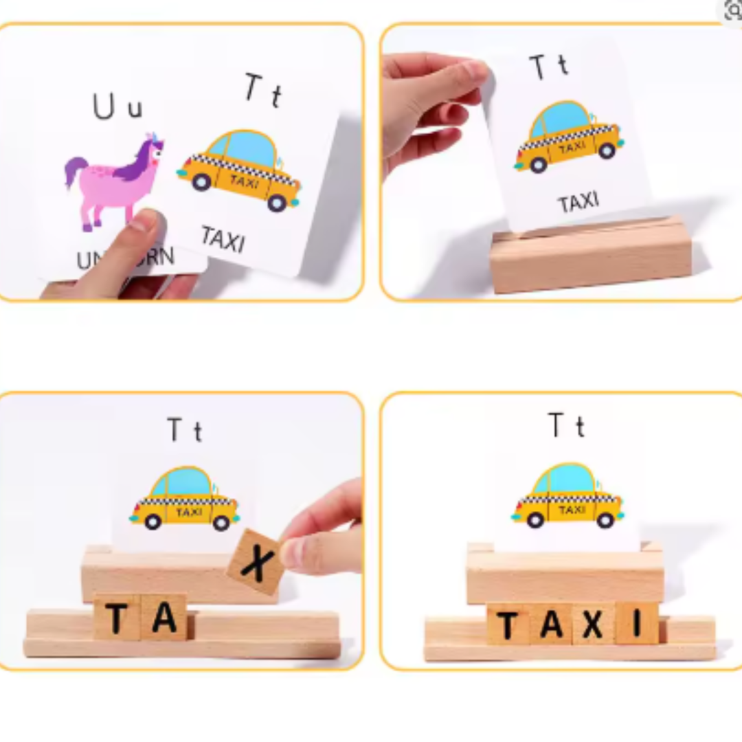 Kids Spelling Game Set with Alphabet Cards and Wooden Blocks for Ages 3-6 