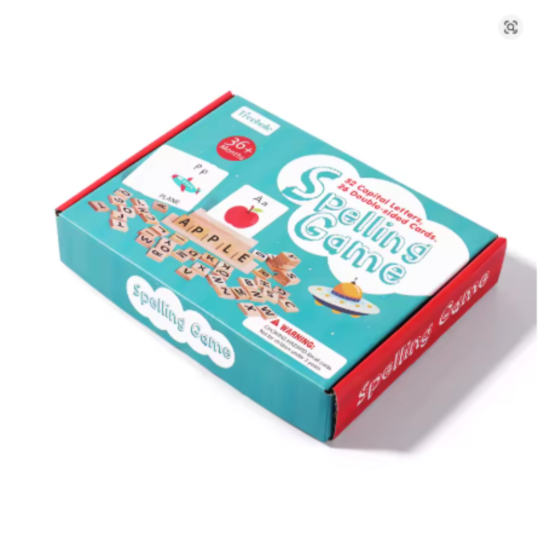 Kids Spelling Game Set with Alphabet Cards and Wooden Blocks for Ages 3-6 
