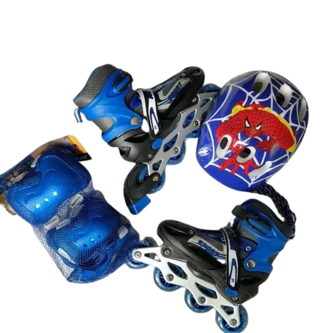 Blue Spider-Man Inline Skates for Kids with Protective Gear and Helmet Set - Children's Skating Kit