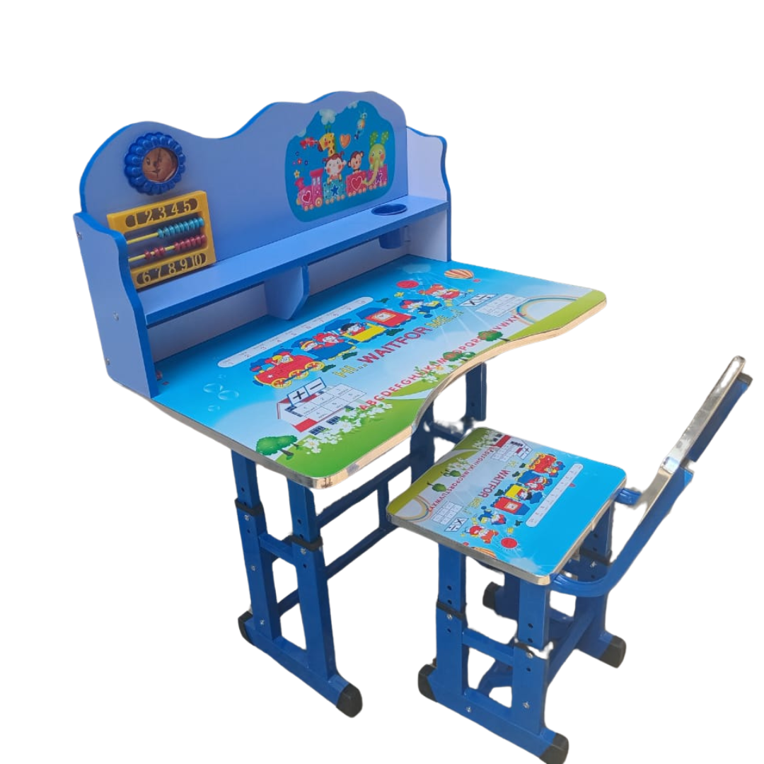 Kids Study Desk and Chair Set - Adjustable Train Theme Study Table with Abacus for Kids