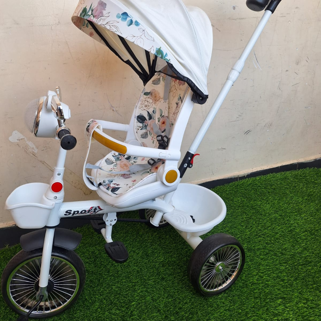 White Push Handle Tricycle with Floral Canopy and Safety Harness for Kids - Toddler Bike