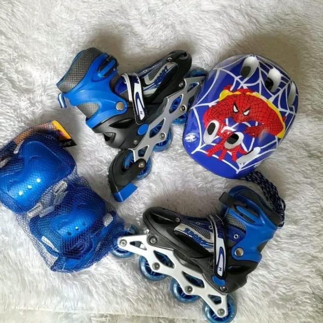 Blue Spider-Man Inline Skates for Kids with Protective Gear and Helmet Set - Children's Skating Kit