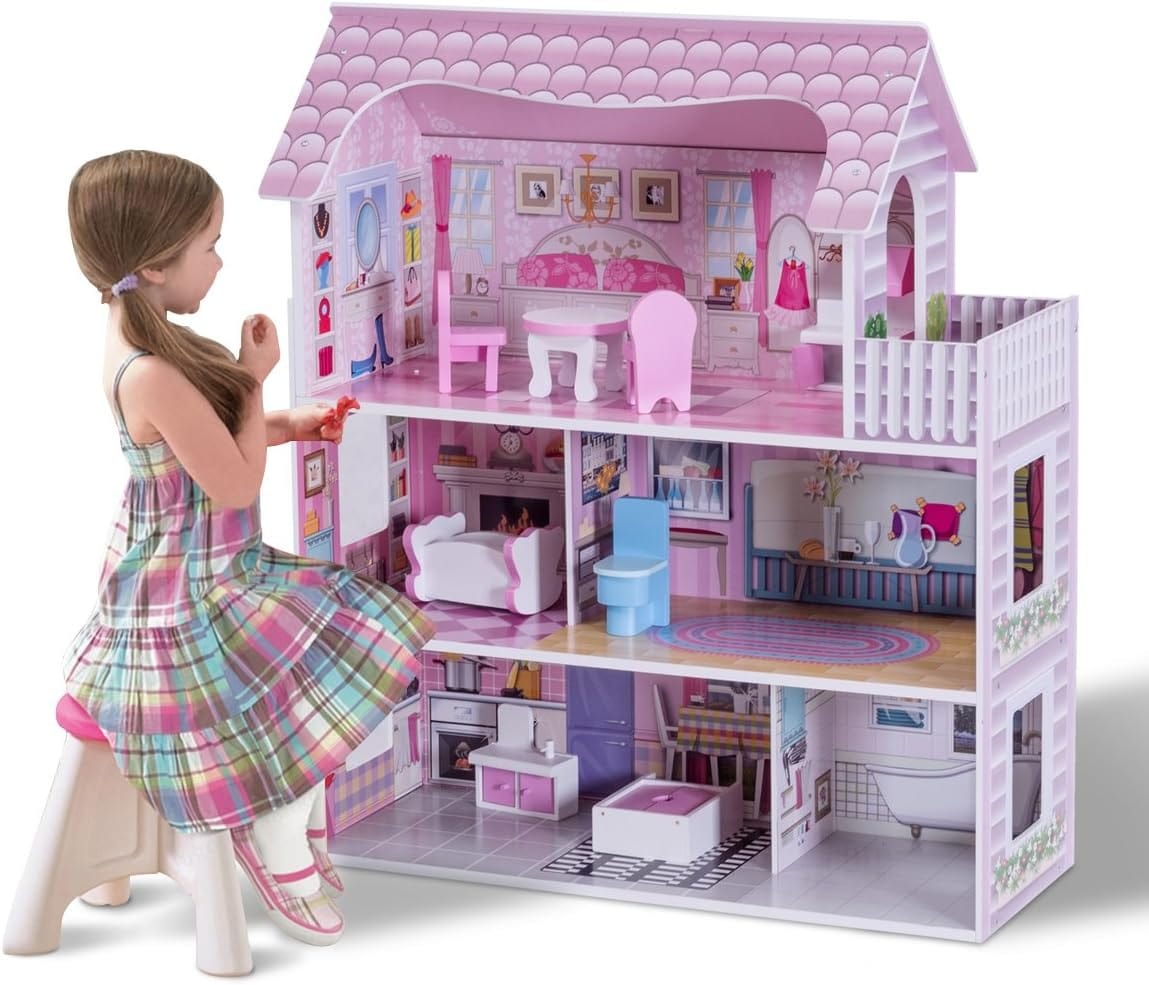 Wooden Doll House, 3-Storey Doll House with Furniture Accessories, Large Pretend Play Dreamhouse for Children - Toys for Kids