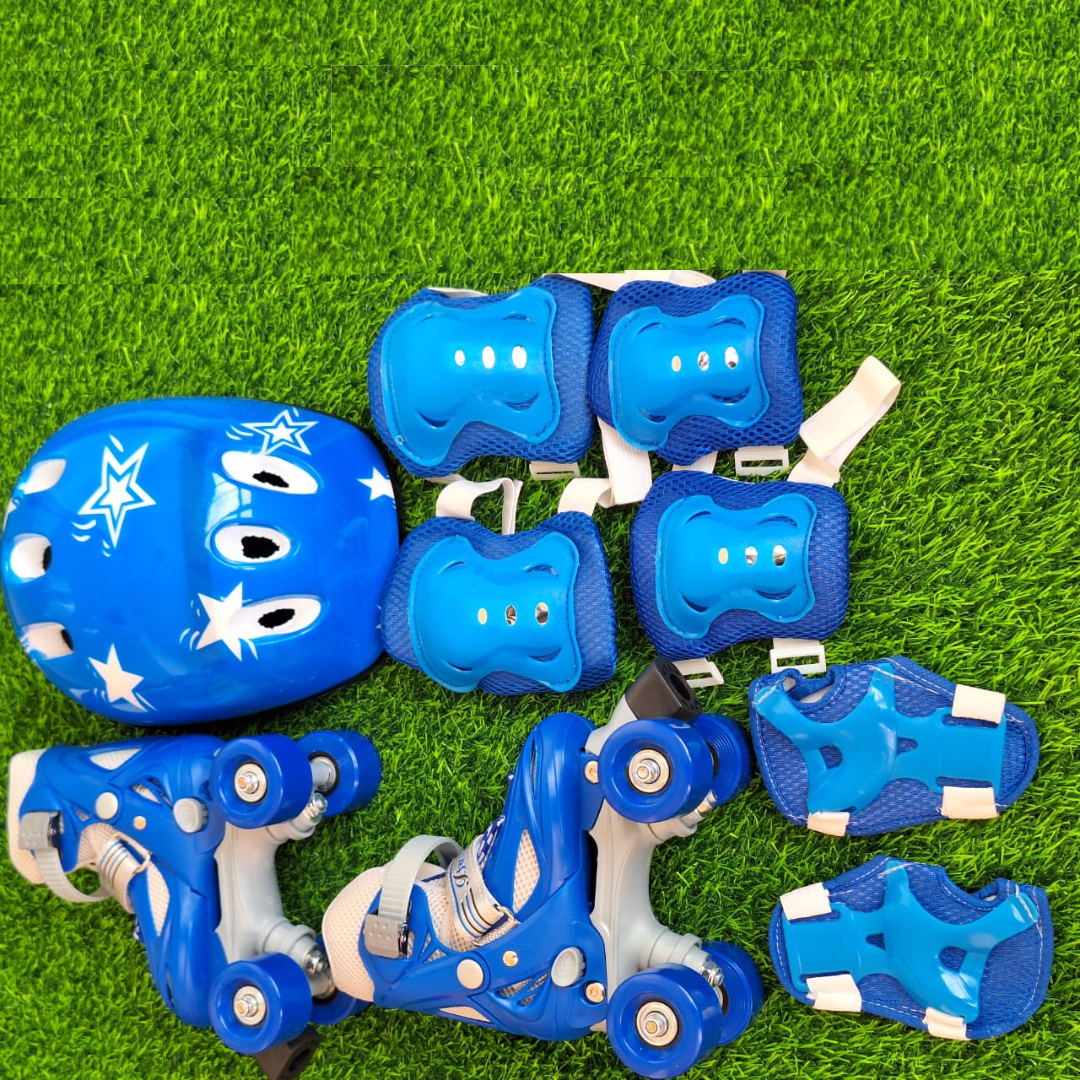 Blue Starry Quad Skates for Kids with Protective Gear and Helmet Set - Children's Skating Kit