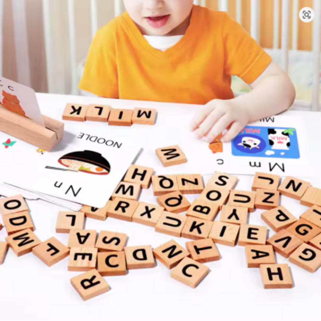 Kids Spelling Game Set with Alphabet Cards and Wooden Blocks for Ages 3-6 