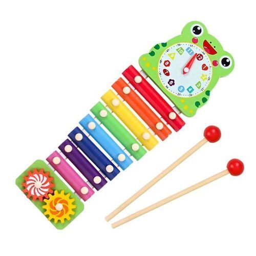 Knocking on the Piano for Kids 3-in-1 Wooden Xylophone with Clock and Gears