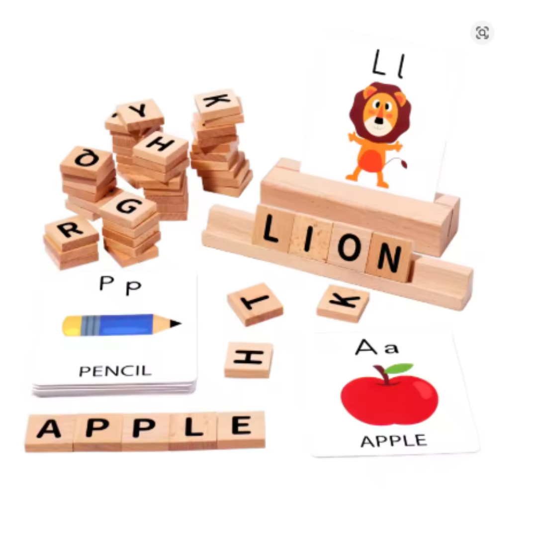 Kids Spelling Game Set with Alphabet Cards and Wooden Blocks for Ages 3-6