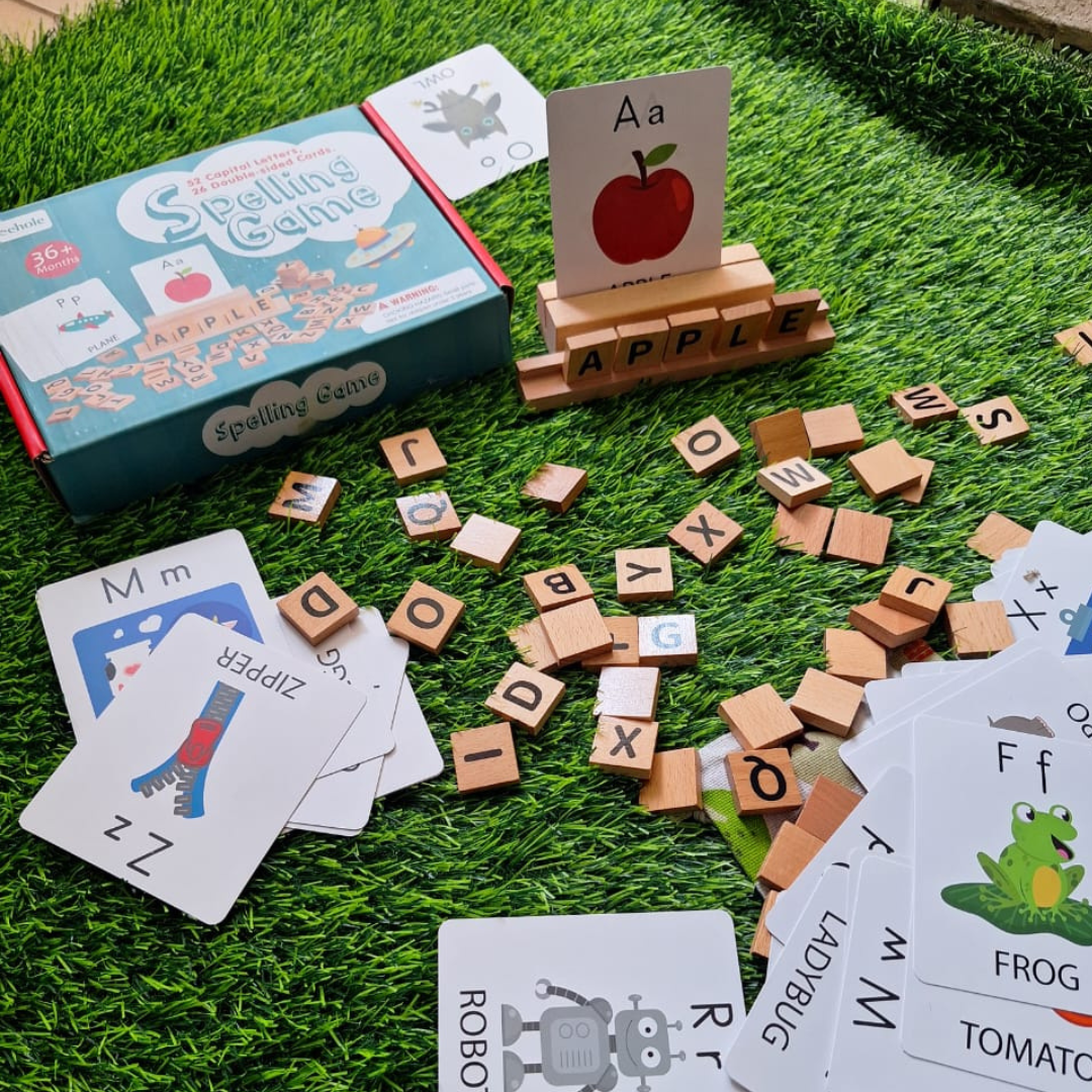 Kids Spelling Game Set with Alphabet Cards and Wooden Blocks for Ages 3-6 