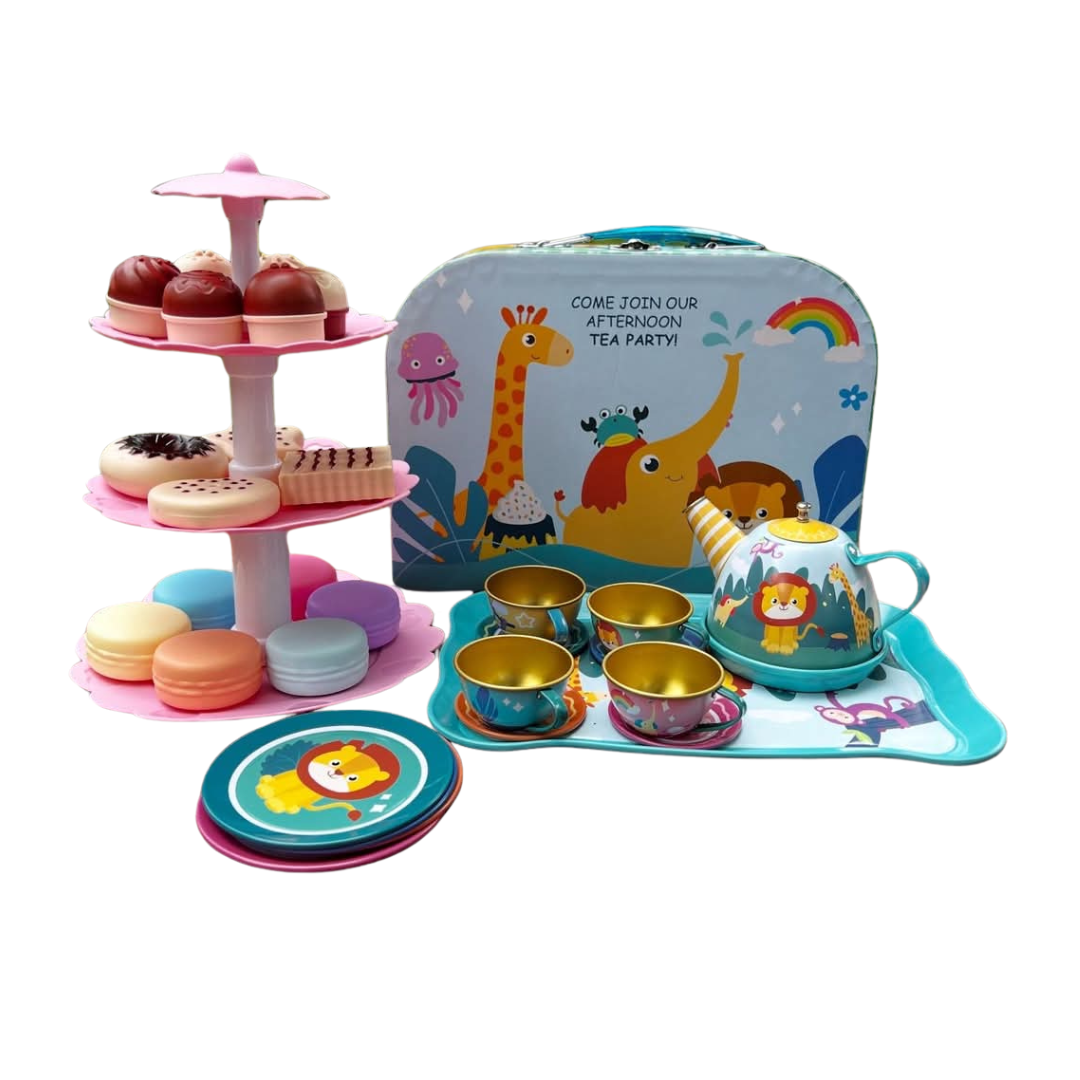 Toy Tea Set for Kids Pretend Play Safari Animal Theme with Teapot and Dessert Stand in Kenya