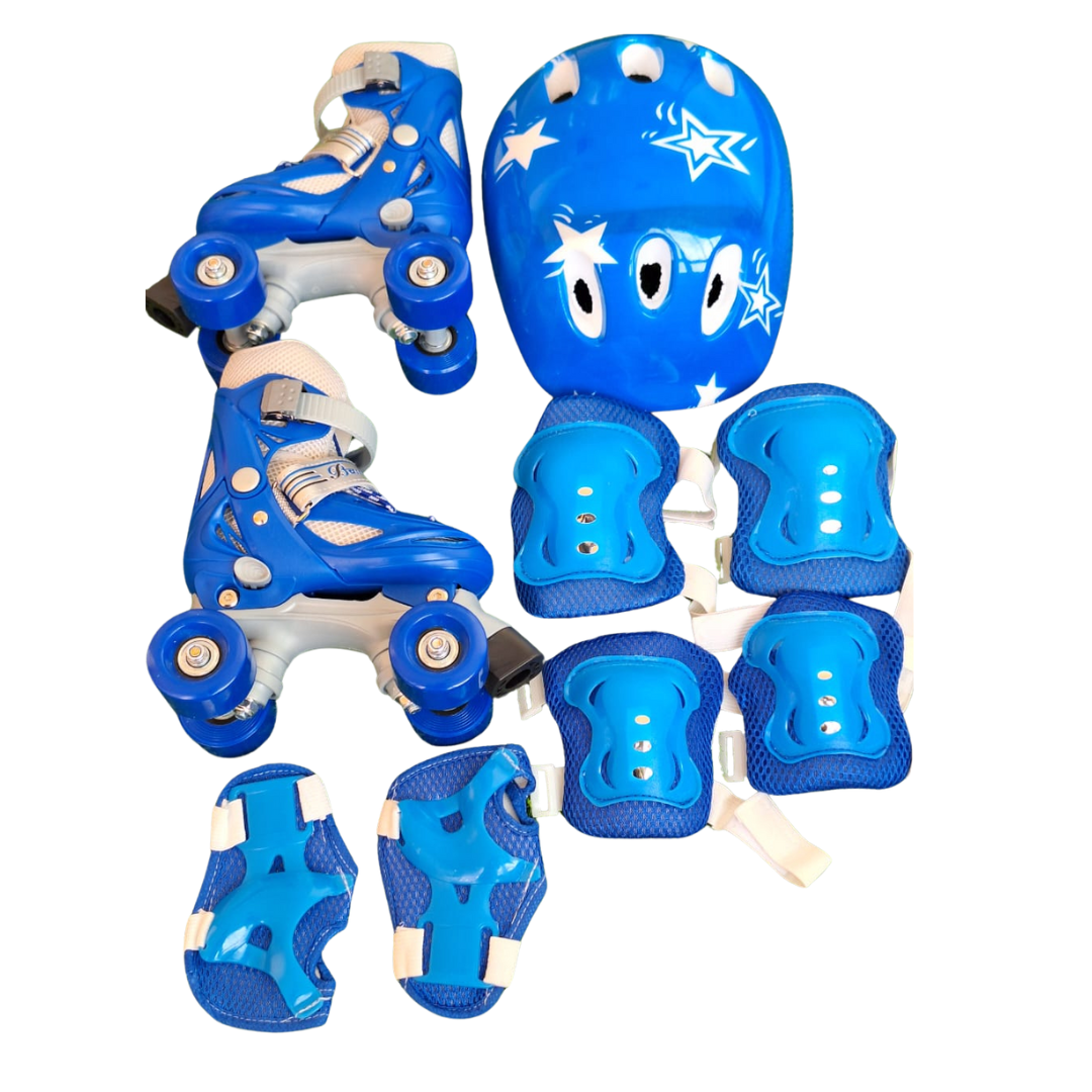 Blue Starry Quad Skates for Kids with Protective Gear and Helmet Set - Children's Skating Kit