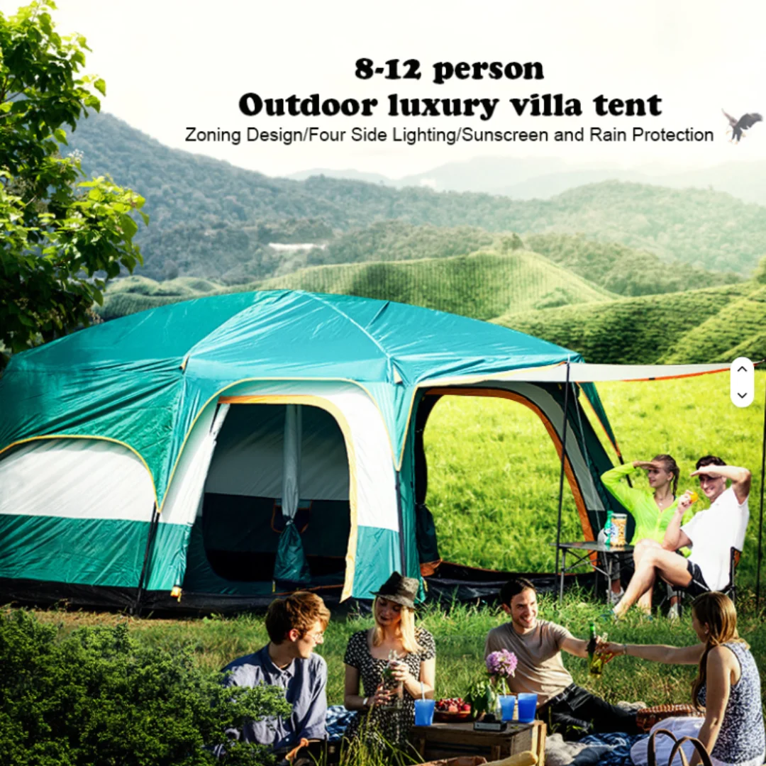 Large Automatic Camping Tent for 8 - 12 People, Family Tent with Two Bedrooms and One Hall Tent, Spacious Outdoor Camping Tent