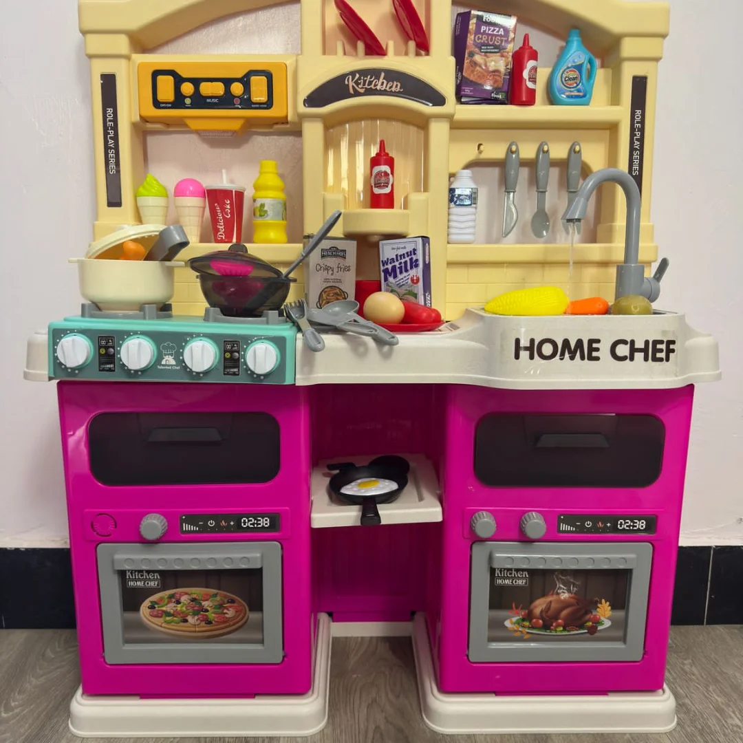 Toy Kitchen with Lights, Realistic Sound and Tap with Water, Teaching Utensils Kit, Kitchen with Double Oven, Simulation Role Play for Girls and Boys