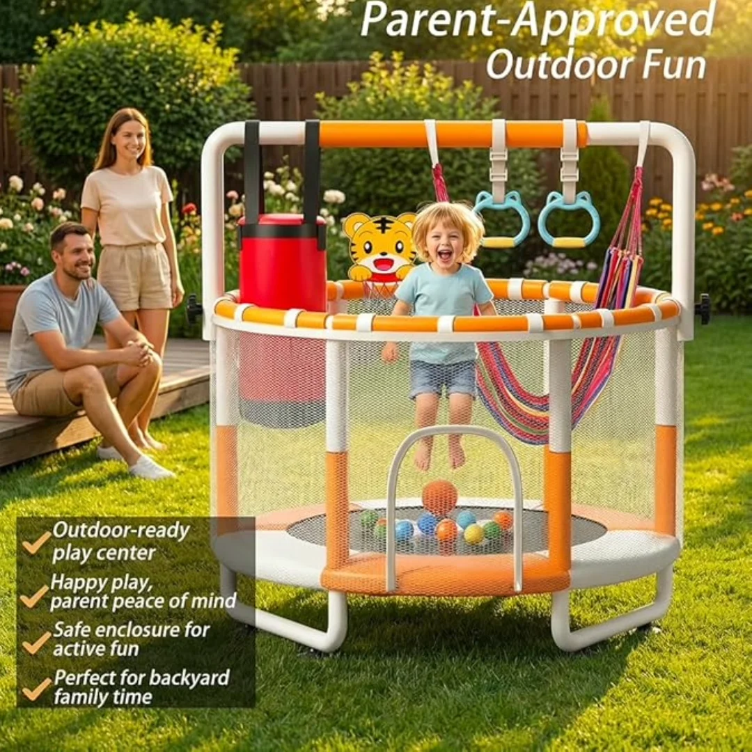 5ft Trampoline for Kids with Safety Net + Adjustable Gymnastics Bar, Kids Indoor and Outdoor Trampoline, Mini Trampoline, Small Trampoline, Indoor Trampoline for Kids, Toddler Play Gym for Boys & Girls, Birthday Gift 