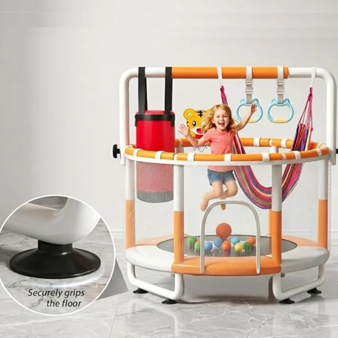 5ft Trampoline for Kids with Safety Net + Adjustable Gymnastics Bar, Kids Indoor and Outdoor Trampoline, Mini Trampoline, Small Trampoline, Indoor Trampoline for Kids, Toddler Play Gym for Boys & Girls, Birthday Gift 