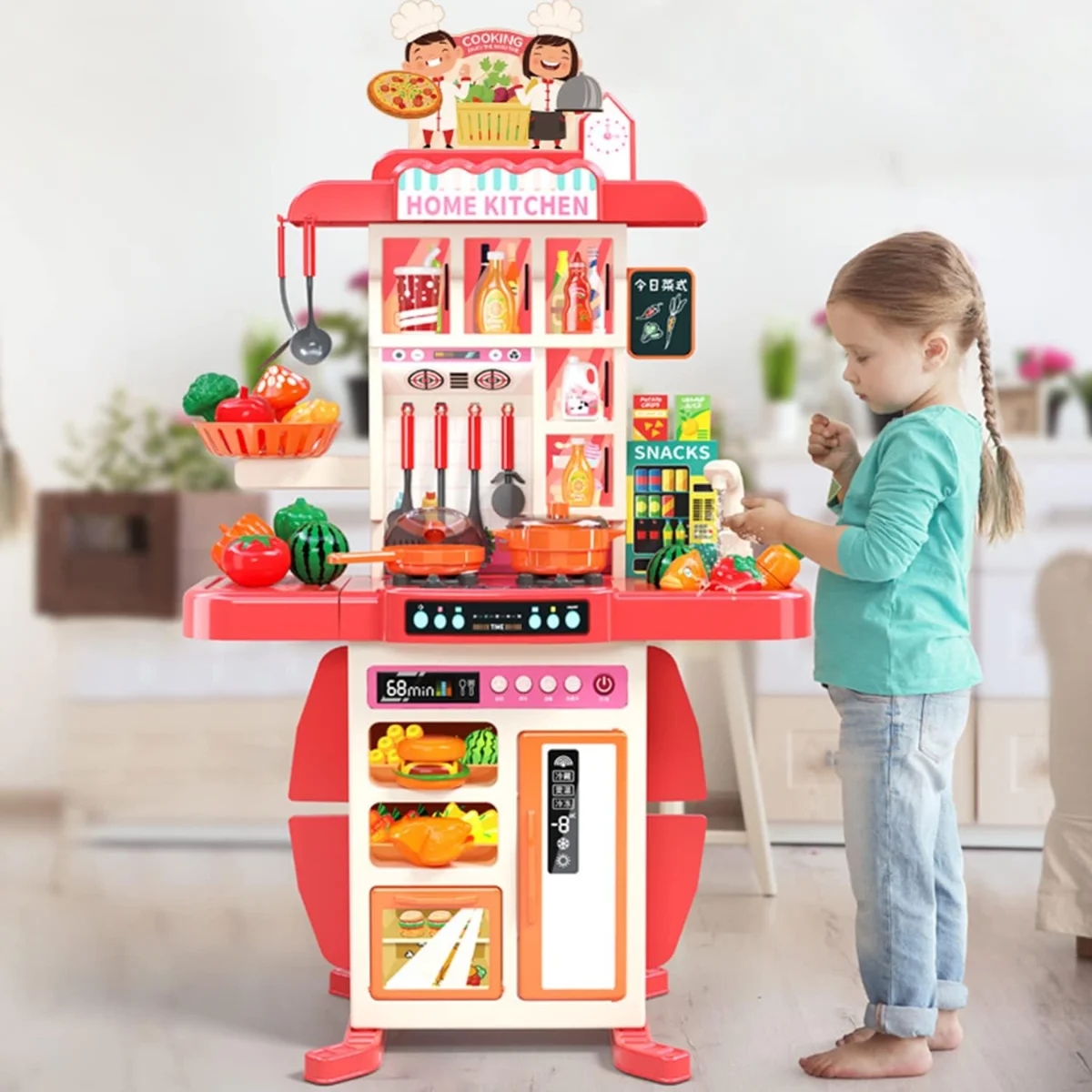 73 PCS Kitchen Set, Home Kitchen Pretend Play kitchen Set for Kids, Children's Play Kitchen Toy Kitchen Set with Light Water Steam Sound 3-8 Years Cooking Utensils Role Play Gifts 