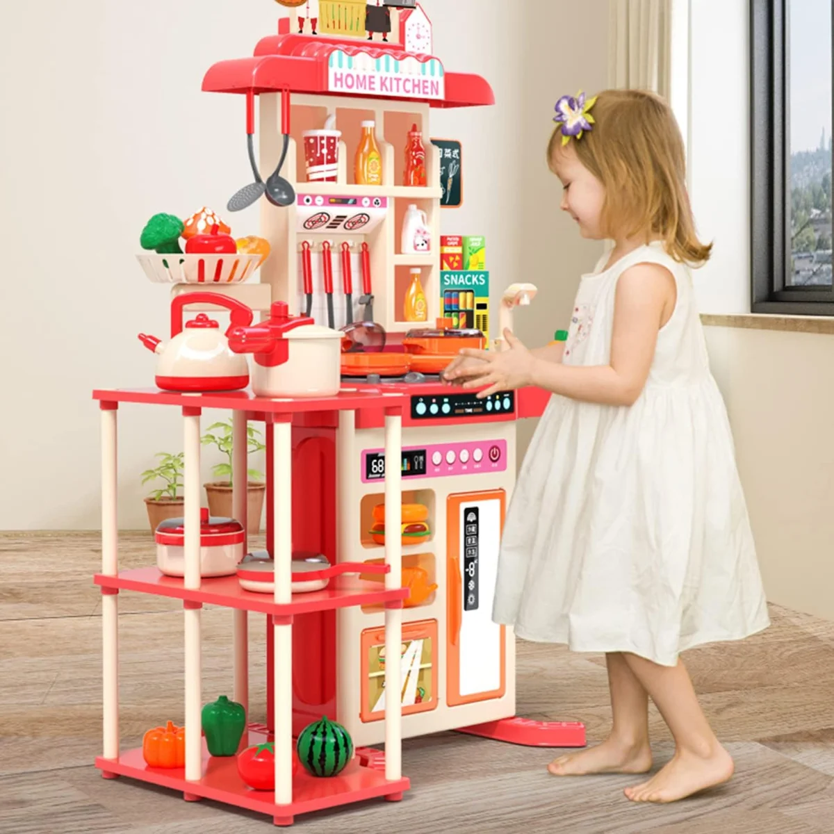 73 PCS Kitchen Set, Home Kitchen Pretend Play kitchen Set for Kids, Children's Play Kitchen Toy Kitchen Set with Light Water Steam Sound 3-8 Years Cooking Utensils Role Play Gifts 