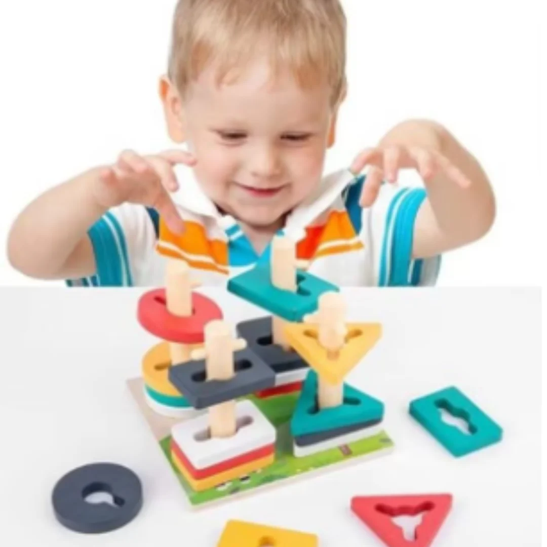 Four Sets of Column on the Farm Wooden Shape Sorting Toy for Kids - Montessori Column Puzzle - Early Education & Learning Toys and Equipment