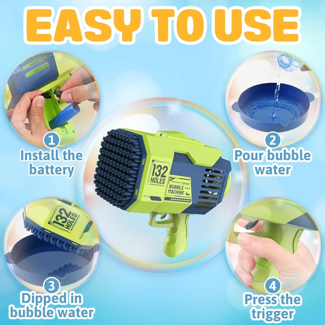 Bubble Gun Machine (132 Holes) for Kids, Rechargeable Bubbles Machine for Kids, Bubble Gun for Parties, Bubble Blower Machine 