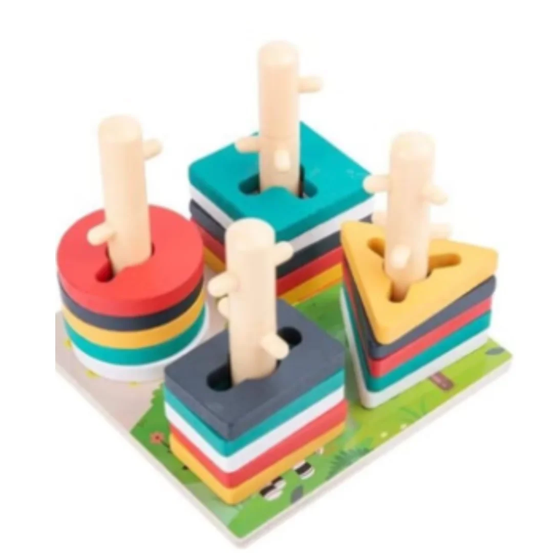 Four Sets of Column on the Farm Wooden Shape Sorting Toy  for Kids - Montessori Column Puzzle -  Early Education & Learning Toys and Equipment