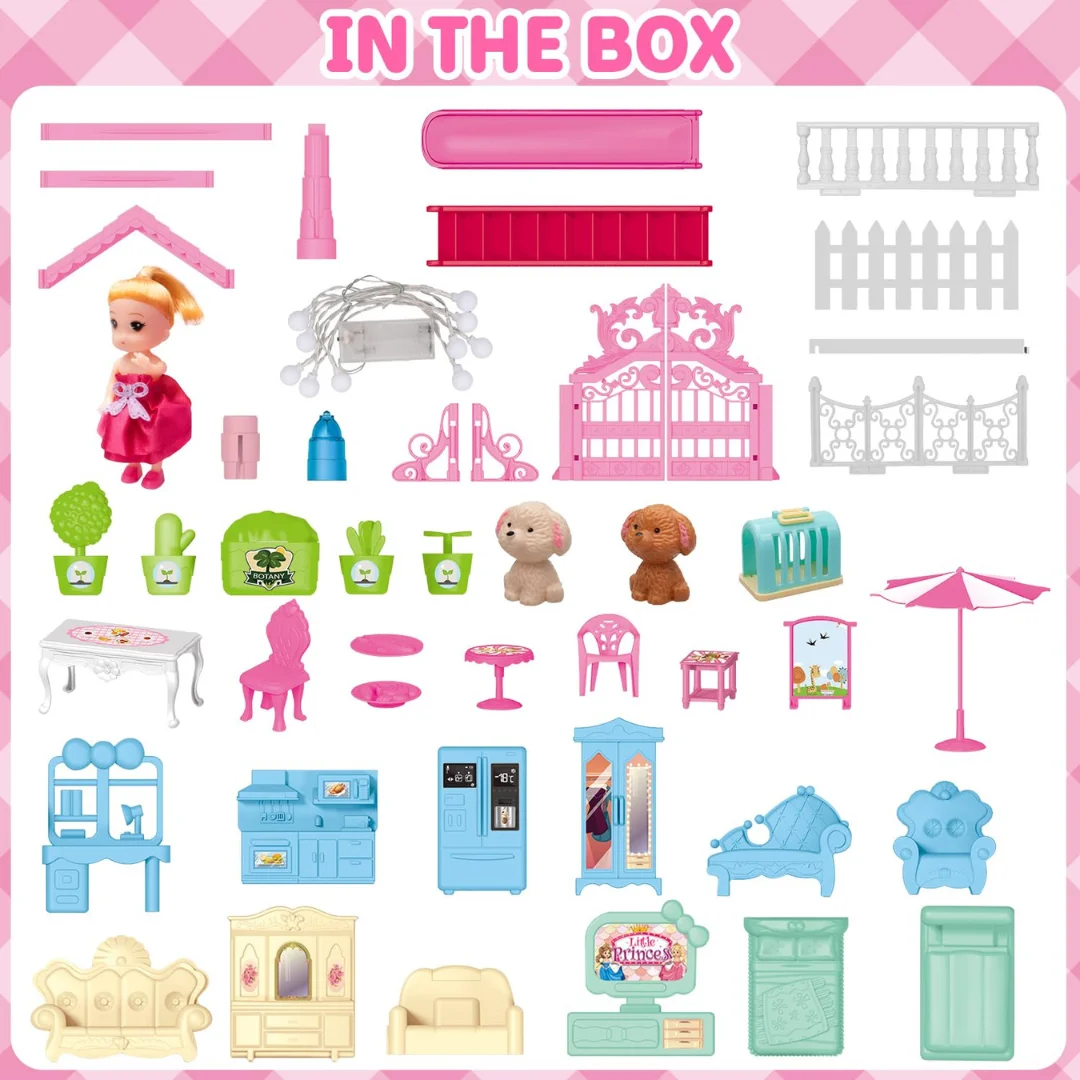 Princess Dollhouse for Kids 4-Story Pink Mansion with Lights and Slide for Imaginative Play - Pretend Play Doll House for Kids, Gifts for Girls