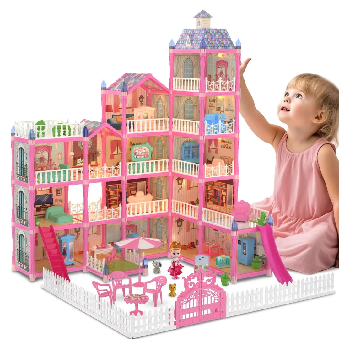 Princess Dollhouse for Kids 4-Story Pink Mansion with Lights and Slide for Imaginative Play - Pretend Play Doll House for Kids, Gifts for Girls