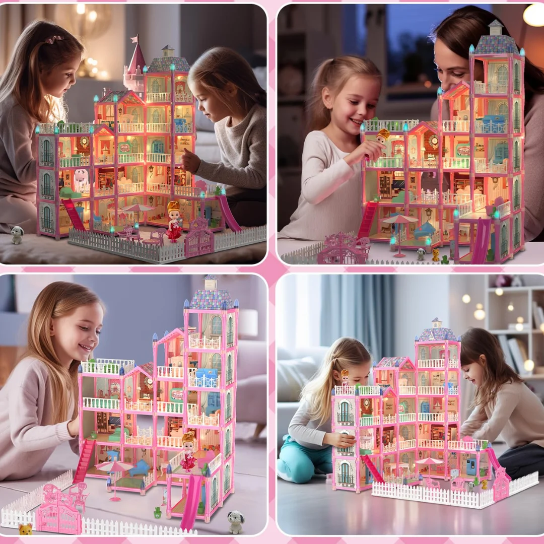 Princess Dollhouse for Kids 4-Story Pink Mansion with Lights and Slide for Imaginative Play - Pretend Play Doll House for Kids, Gifts for Girls