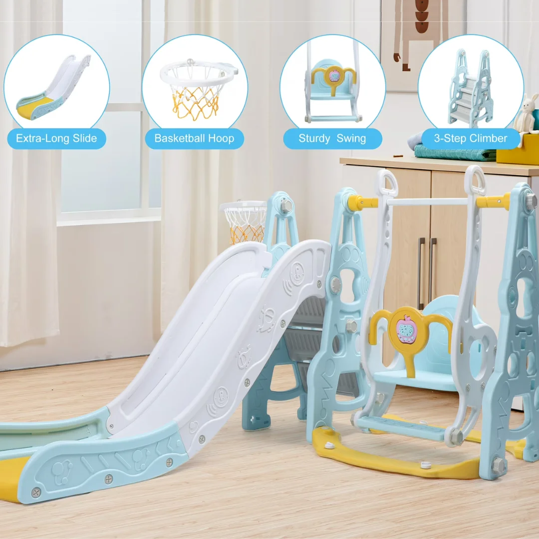 4-in-1 Kids Swing and Slide Set with Basketball Hoop - Indoor and Outdoor Playground Play Set, Playground Equipment for Kids