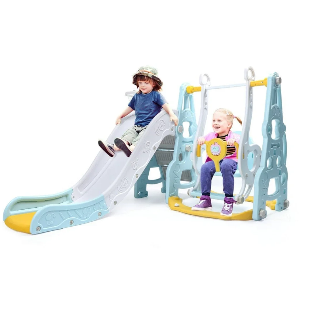4-in-1 Kids Swing and Slide Set with Basketball Hoop - Indoor and Outdoor Playground Play Set, Playground Equipment for Kids