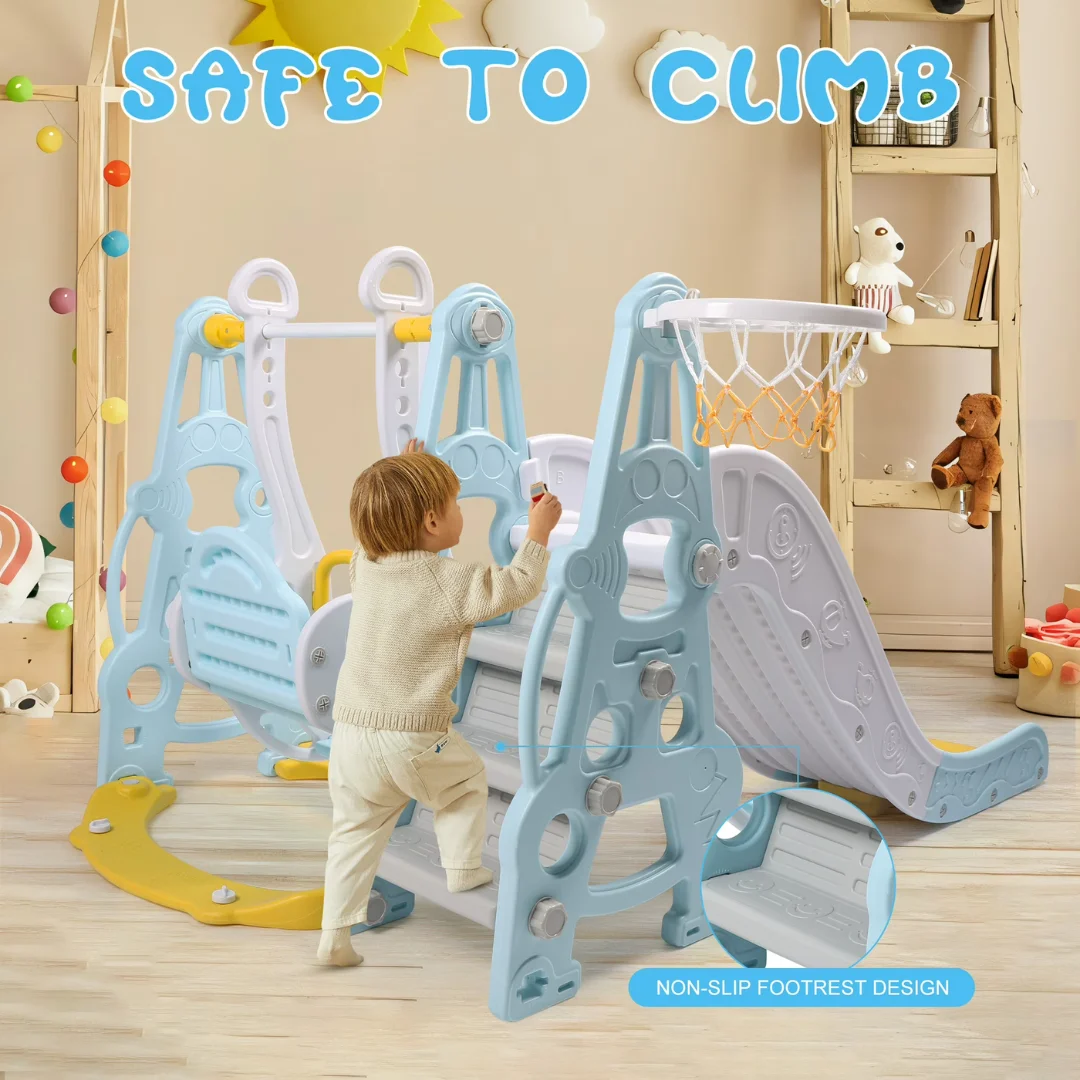 4-in-1 Kids Swing and Slide Set with Basketball Hoop - Indoor and Outdoor Playground Play Set, Playground Equipment for Kids