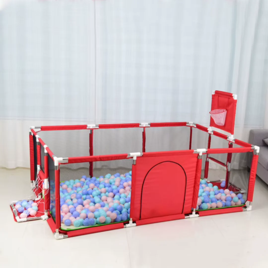 Red Play Pen for Kids with 30 Soft Balls - Large Safety Fence Ball Pit, Rectangle Foldable Indoor Playpen, Play Fence for Baby, Toddler, Kids Play Fence