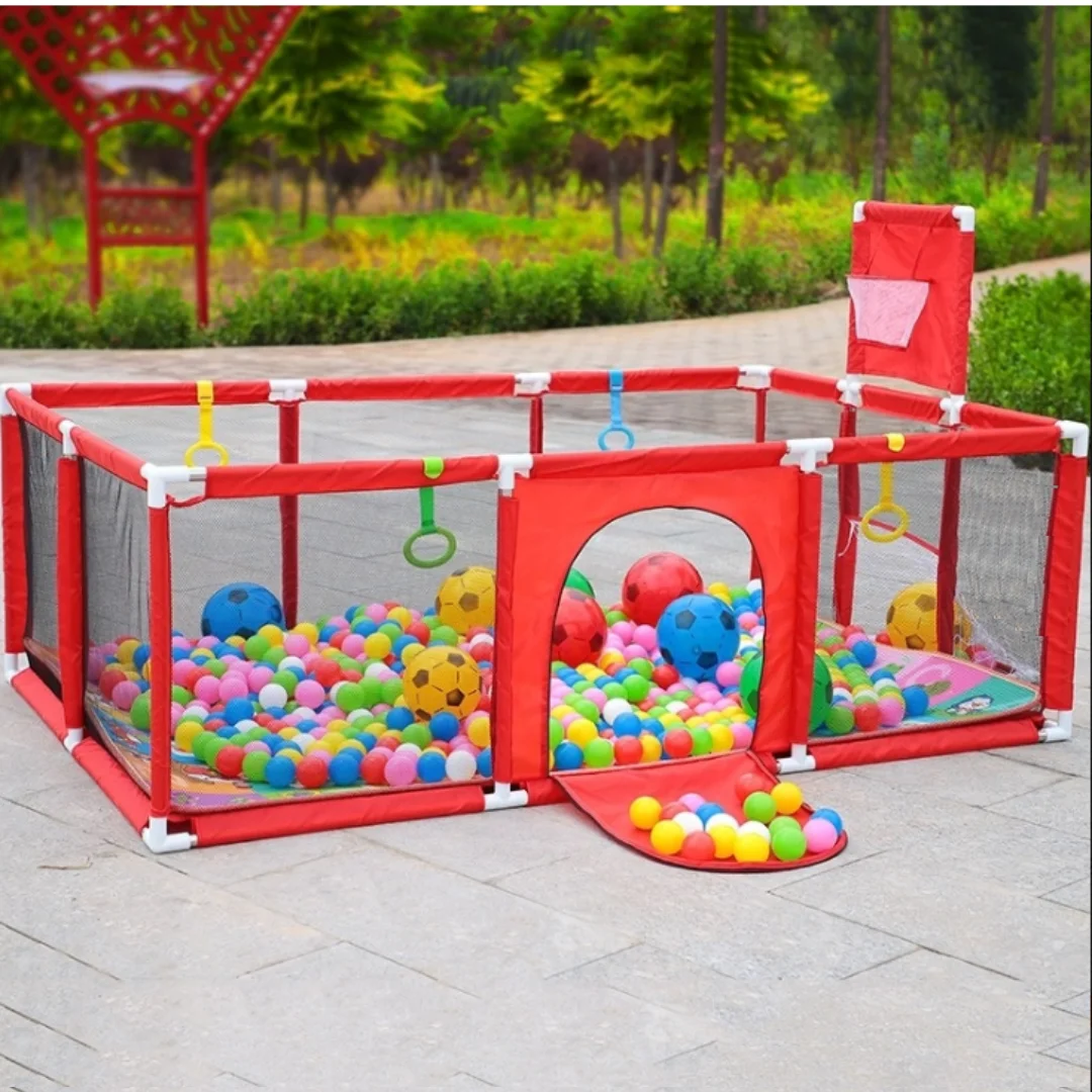 Red Play Pen for Kids with 30 Soft Balls - Large Safety Fence Ball Pit, Rectangle Foldable Indoor Playpen, Play Fence for Baby, Toddler, Kids Play Fence