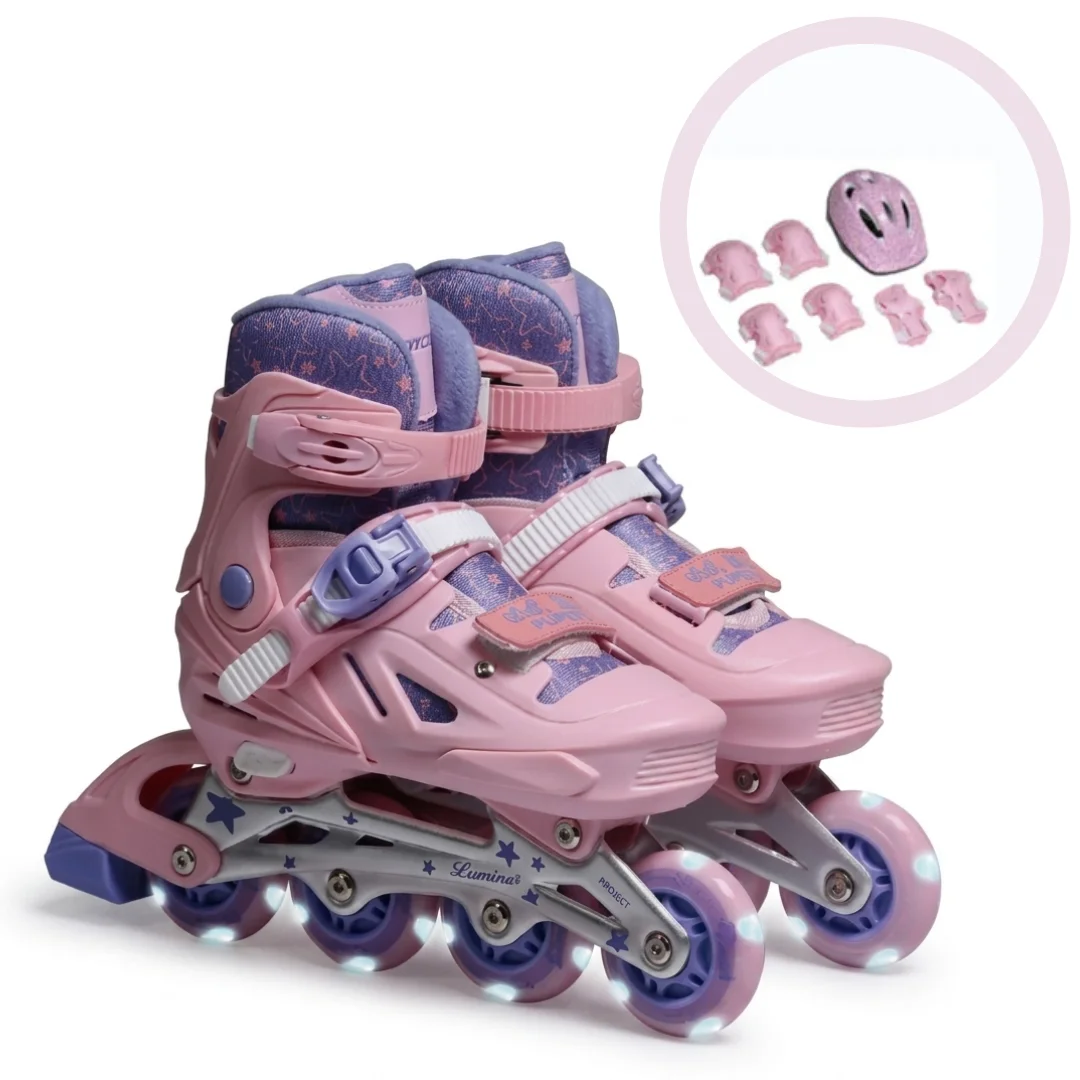Pink Adjustable LED Light-Up Inline Skates with Helmet, Knee Pads & Elbow Pads - Premium Girls Roller Skates Set