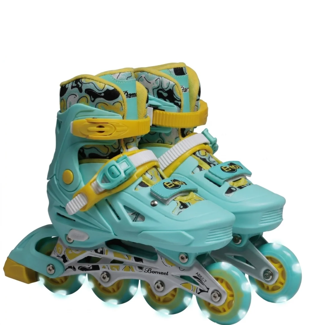 Adjustable LED Light Up Inline Skates with Helmet, Knee Pads & Elbow Pads - Premium Kids Roller Skates