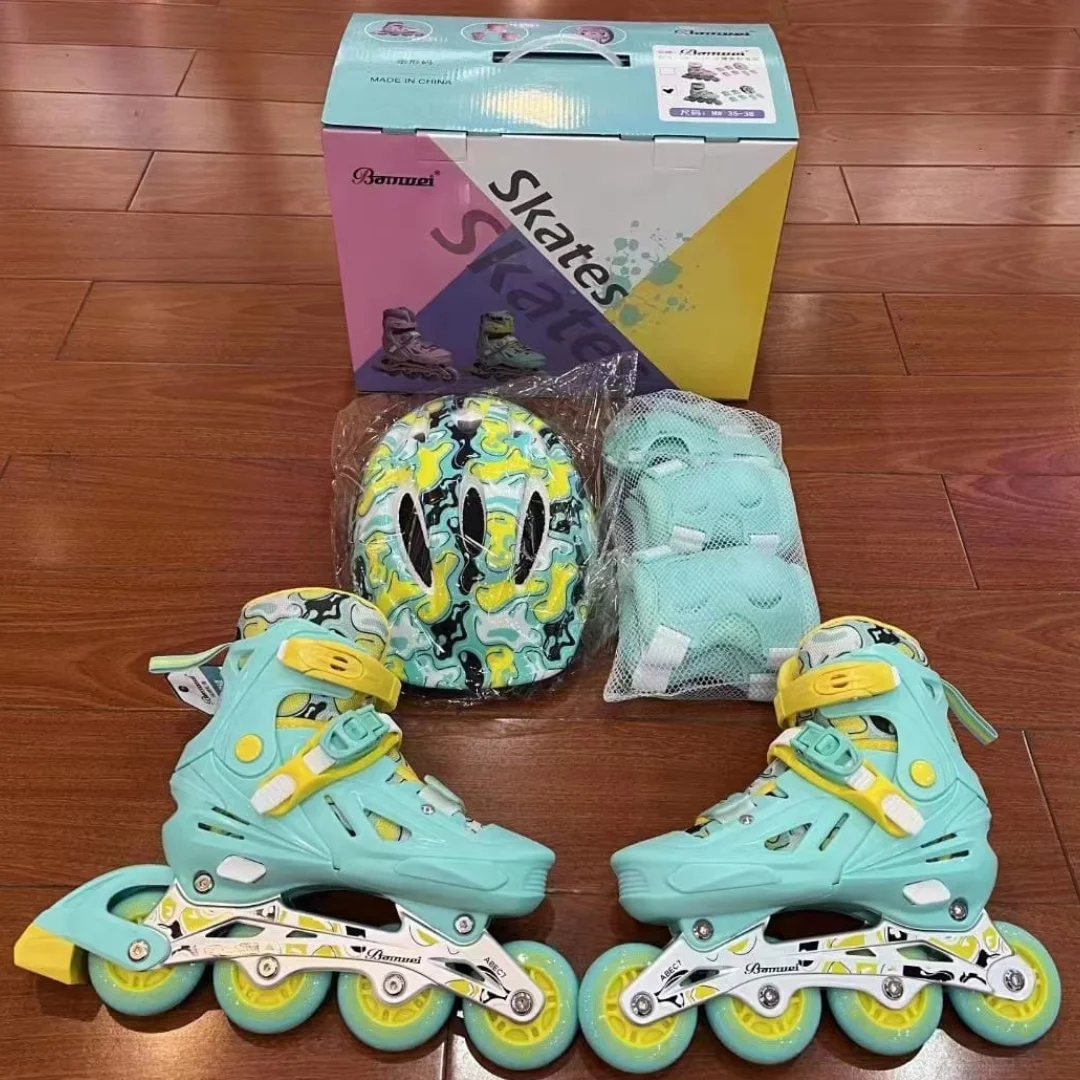Adjustable LED Light Up Inline Skates with Helmet, Knee Pads & Elbow Pads - Premium Kids Roller Skates