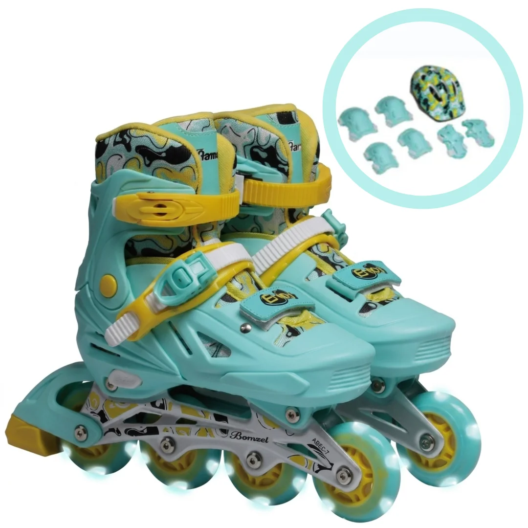 Adjustable LED Light Up Inline Skates with Helmet, Knee Pads & Elbow Pads - Premium Kids Roller Skates