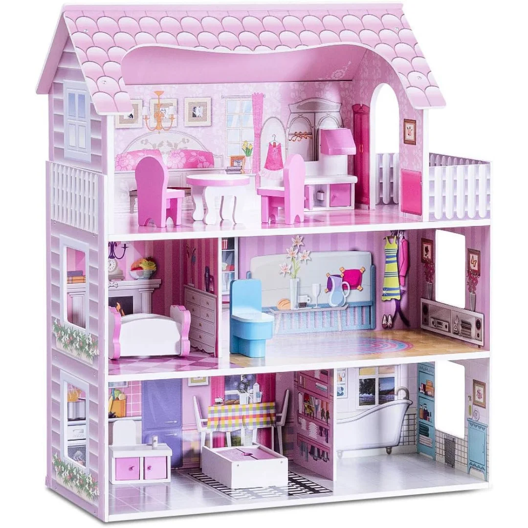 Wooden Doll House, 3-Storey Doll House with Furniture Accessories, Large Pretend Play Dreamhouse for Children - Toys for Kids