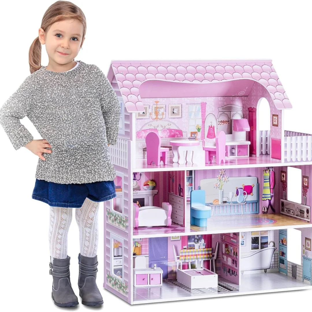 Wooden Doll House, 3-Storey Doll House with Furniture Accessories, Large Pretend Play Dreamhouse for Children - Toys for Kids