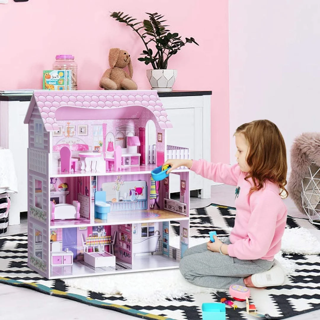 Wooden Doll House, 3-Storey Doll House with Furniture Accessories, Large Pretend Play Dreamhouse for Children - Toys for Kids
