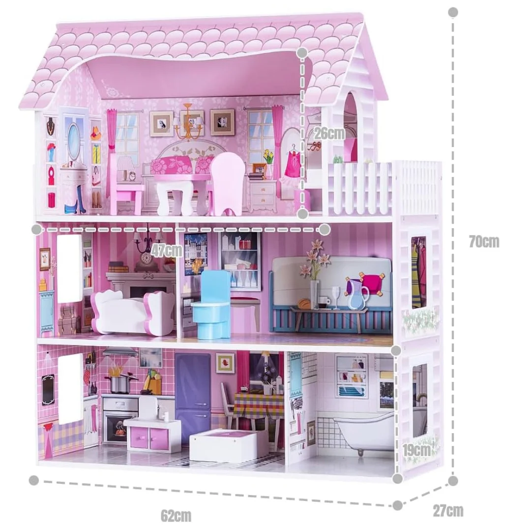 Wooden Doll House, 3-Storey Doll House with Furniture Accessories, Large Pretend Play Dreamhouse for Children - Toys for Kids