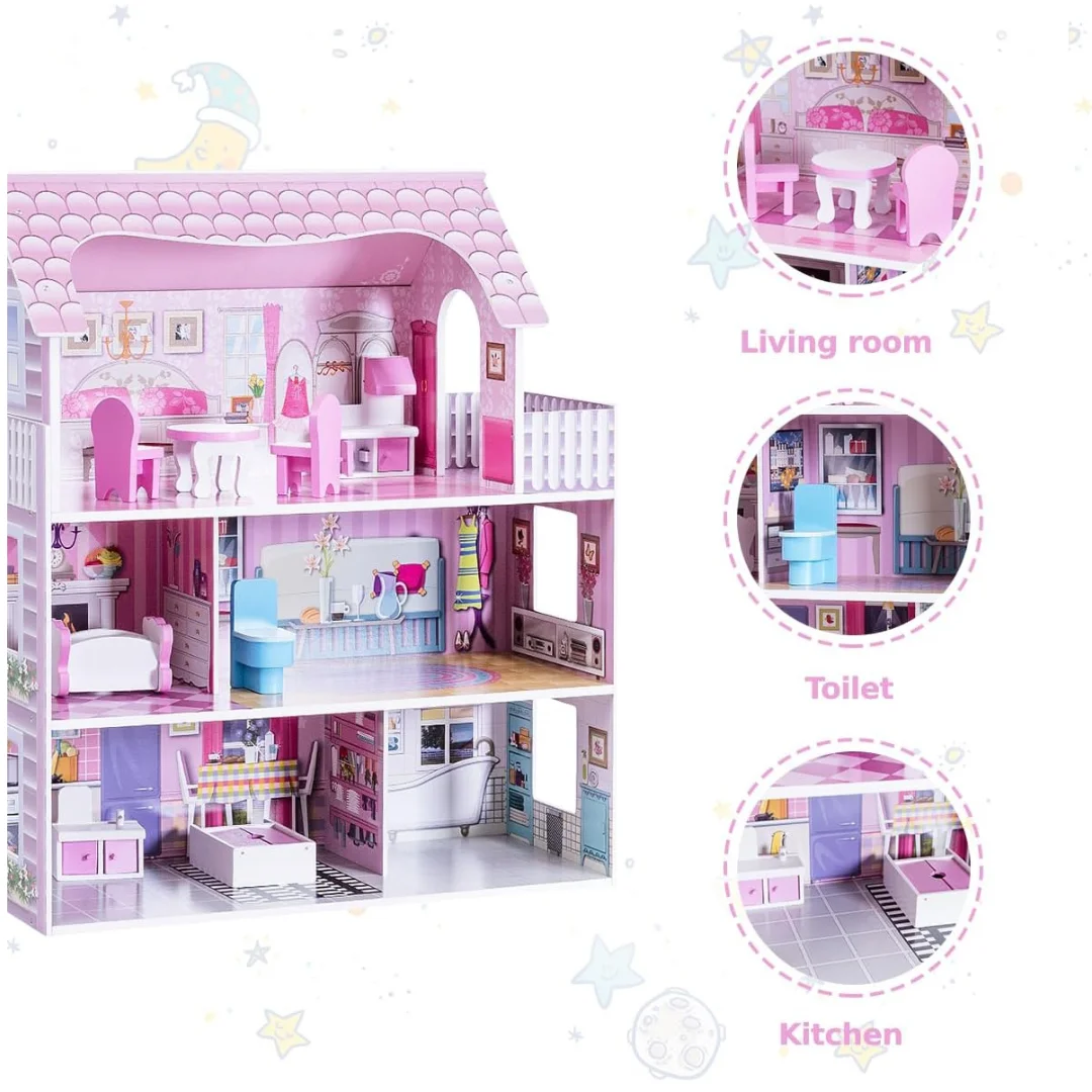 Wooden Doll House, 3-Storey Doll House with Furniture Accessories, Large Pretend Play Dreamhouse for Children - Toys for Kids